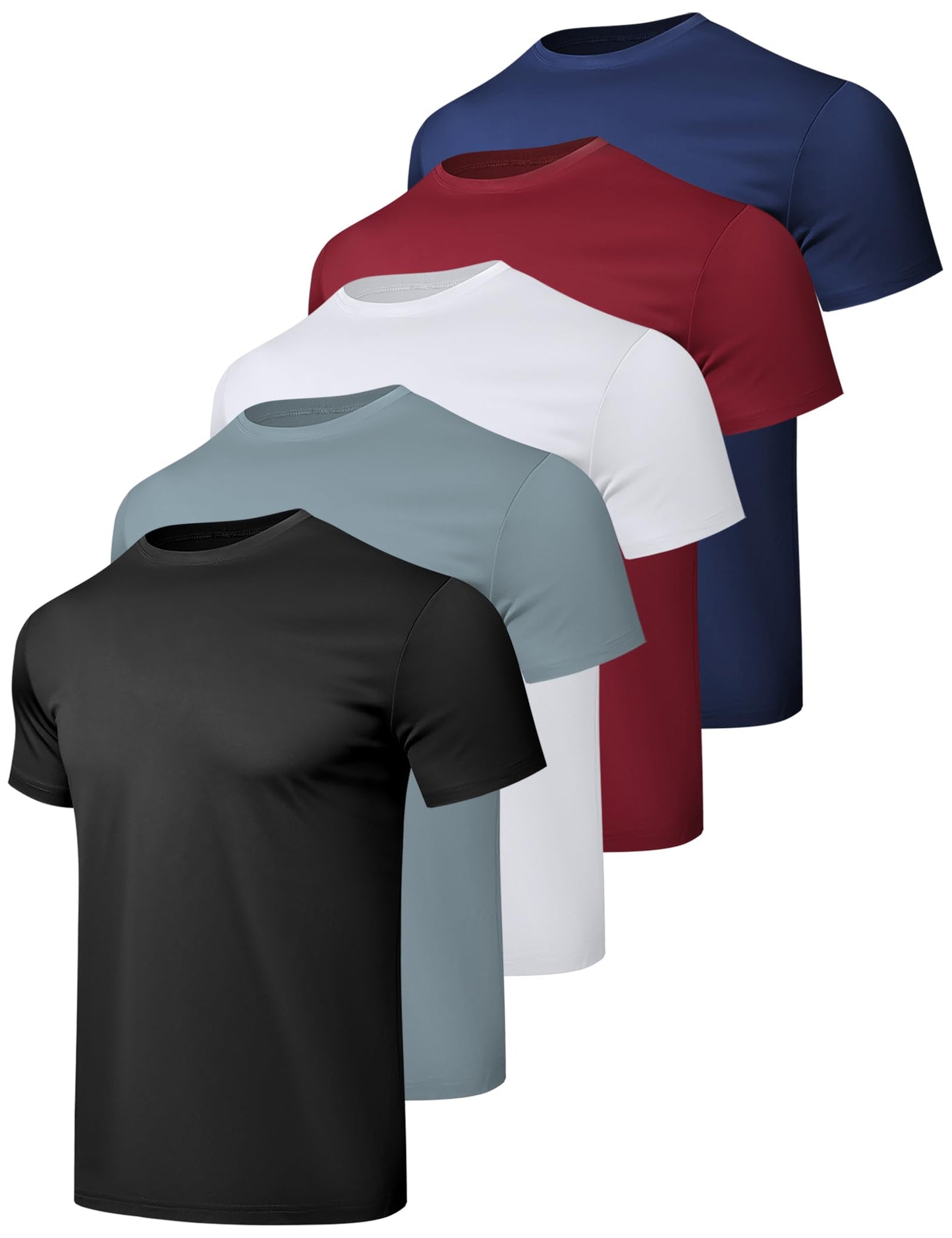HovSiyla 5 Pack Workout Shirts for Men Athletic Running Gym Quick Dry Short Sleeve Performance Moisture Wicking T Shirt Black/Grey/White/Burgundy/Navy Blue-L