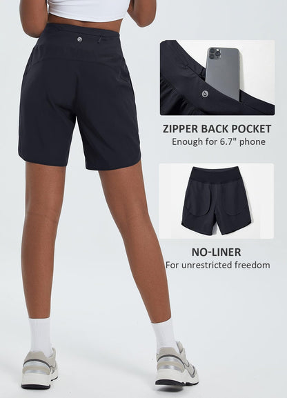 baleaf Women's 7" Long Running Shorts Athletic Workout Gym Quick Dry Hiking Shorts High Waisted Zipper Pocket Black L