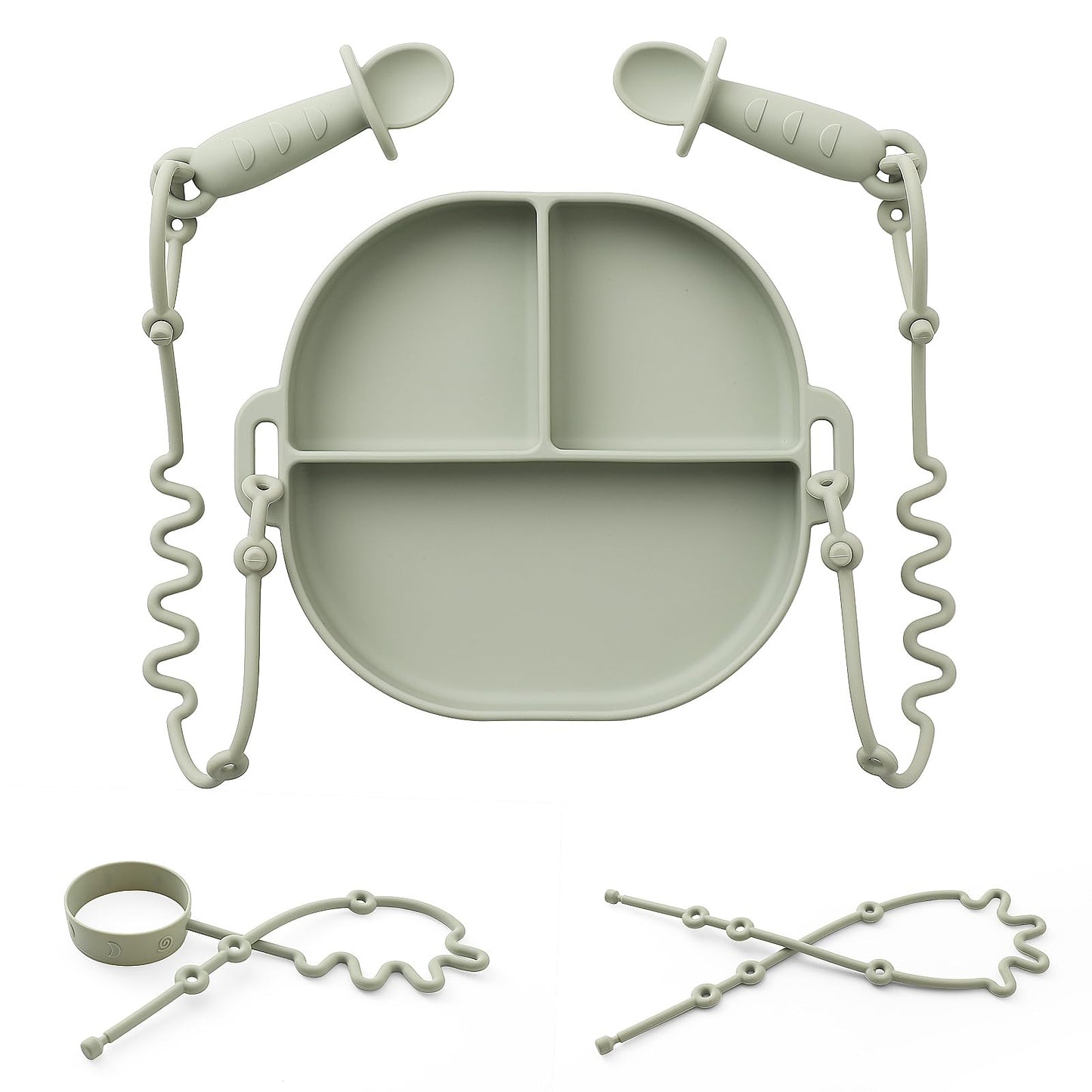 Andy Bear Silicone Plates for Babies with Suction Divided Baby Spoons Silicone Baby Toy Straps All-in-one Plates Silicone Placemat for Babies Toddlers Attachable Tethers & Built-in Suction Cups-Sage