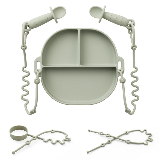 Andy Bear Silicone Plates for Babies with Suction Divided Baby Spoons Silicone Baby Toy Straps All-in-one Plates Silicone Placemat for Babies Toddlers Attachable Tethers & Built-in Suction Cups-Sage