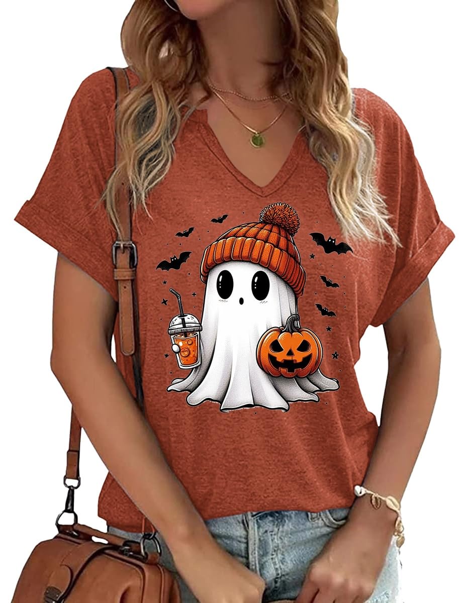 Womens Halloween Ghost V Neck Shirt Fall Cute Ghost Pumpkin Face Graphic Short Sleeve Tee Autumn Pumpkin Spice Latte T Shirt(XXL,F-Brown-1)