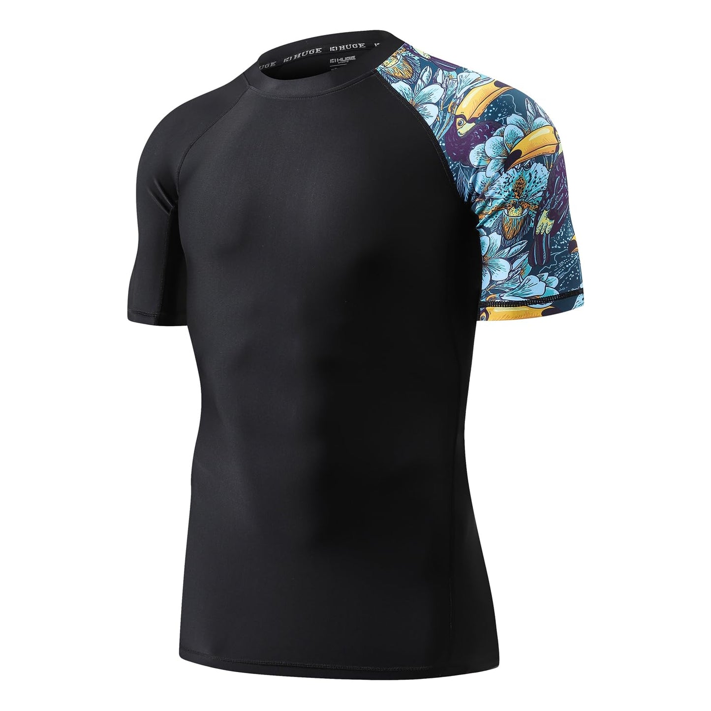 HUGE SPORTS Men's Splice UV Sun Protection UPF 50+ Skins Rash Guard Short Sleeves(HeyToucan, L)
