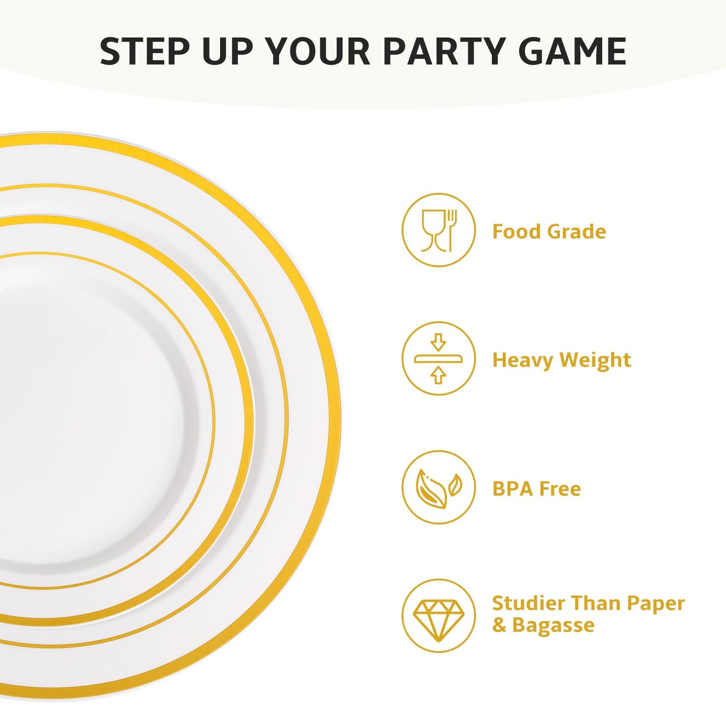 AOZITA 200 Pcs Gold Plastic Plates for Party, Heavy Duty Disposable Plastic Plates for Party, Holiday, Wedding, Thanksgiving and Birthday