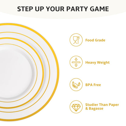 AOZITA 200 Pcs Gold Plastic Plates for Party, Heavy Duty Disposable Plastic Plates for Party, Holiday, Wedding, Thanksgiving and Birthday