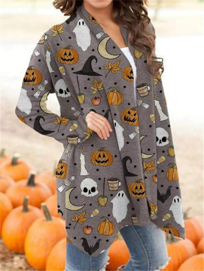 BOUTIKOME Women's Halloween Cat Pumpkin Cardigan Long Sleeve Open Front Knit Outwear Coat Plus Size Knitting Sweater Top(Gray, XL)