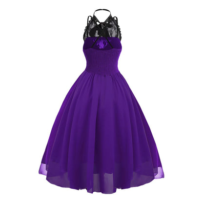Women's Sleeveless Gothic Lace Dress with Corset Halter Lace Swing Cocktail Dress Purple Small
