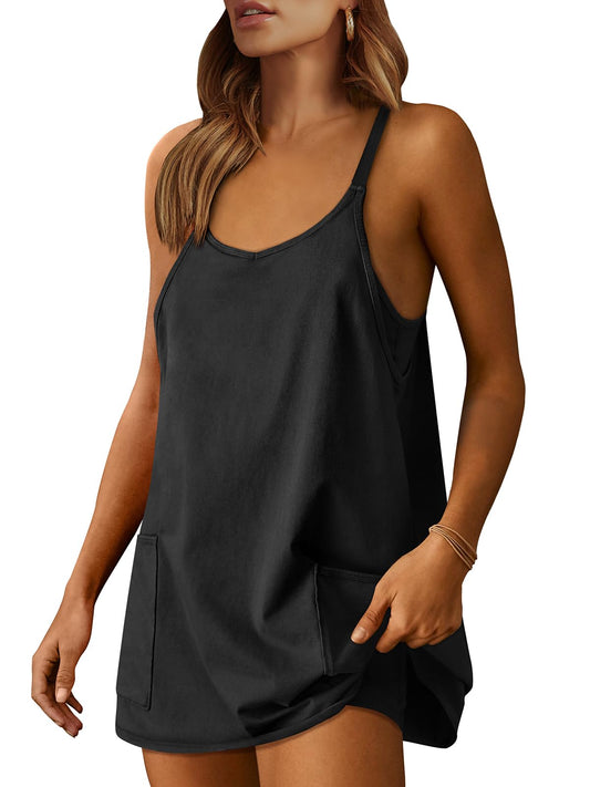 ANRABESS Women Athletic Dress Summer Tennis Workout Active Sports Mini Romper Dress Built in Shorts Travel Vacation Clothes Black Medium