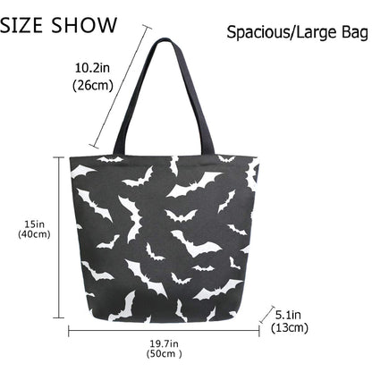 ZzWwR Chic Extra Large Shoulder Grocery Tote Bag, Stylish Bats Halloween Pattern Canvas Reusable Handle Bags for Men Women Gym Weekender Picnic Beach Travel Home Storage Market Shopping,Black