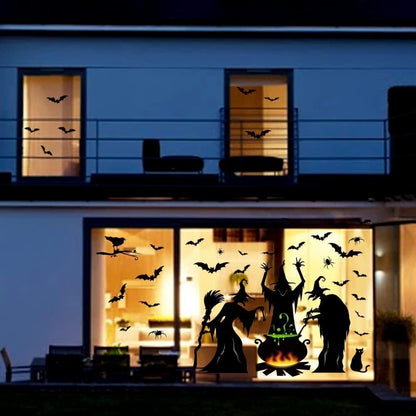 Bunny Chorus Halloween Decorations Window Clings Decor, Extra Large 3 Witches with Black Cat Bat Spider Cauldron Silhouette Halloween Window Stickers Indoor, School Home Office Party Supplies 4 Sheets