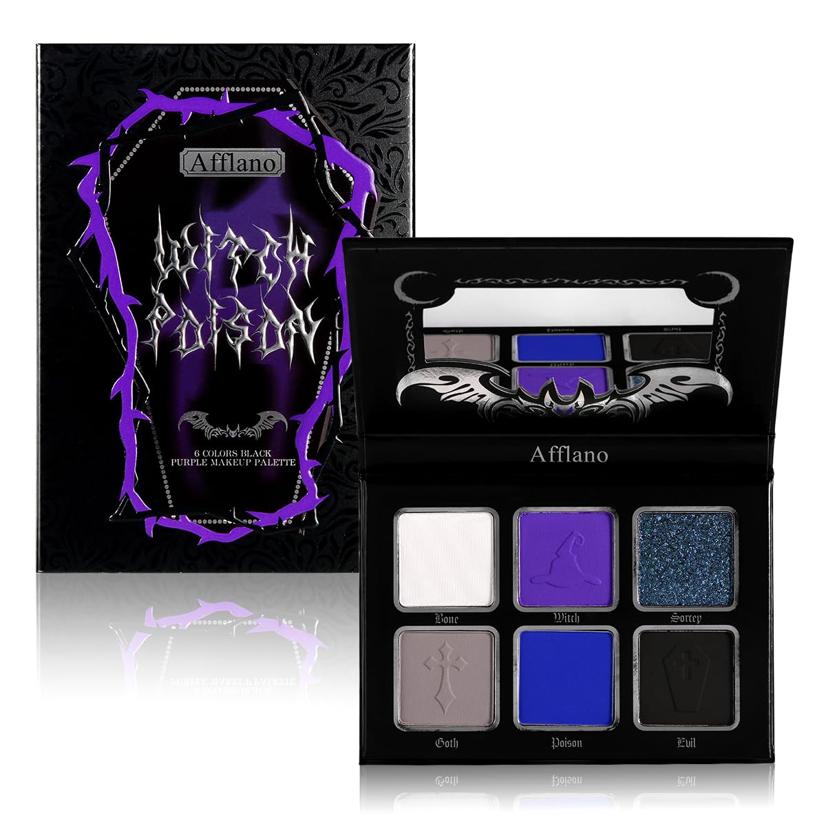 Afflano Goth Eyeshadow Palette Purple Blue, Multichrome Chrome Blue Purple Matte Black White Grey Dark Eye Shade, Gothic Halloween Makeup Eye Shadow Pallet for Joker Clown Cosplay SFX Makeup Costume