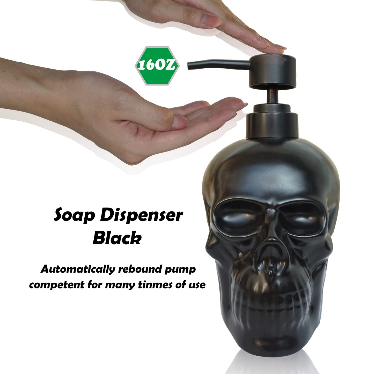 Caahanjia Ceramic Skull Soap Dispenser, Refillable Halloween Liquid Hand Soap Dispenser for Bathroom and Kitchen, Halloween Skull - Black