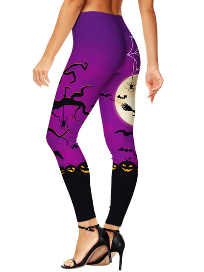 Women Halloween Leggings Scary 3D Printed Witch Purple High Waist Stretchy Tight Pants L