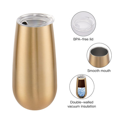 8 Pack Insulated Champagne Tumblers, Stemless Champagne Tumbler 6 Oz, Champagne Flutes Wine Tumbler, Unbreakable Cocktail Cups with Lid, Gift for Family Friends Christmas Birthday Wedding (Gold)