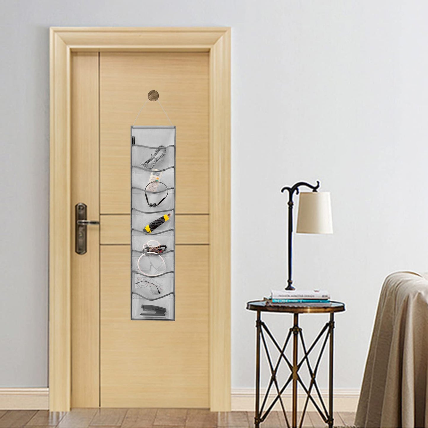 ANZORG Wall Hanging Headband Organizer Ribbon Hair Hoops Storage Hairbands Hair Accessory Holder with Clear Pockets (GREY-8 POCKETS-2 Pack)