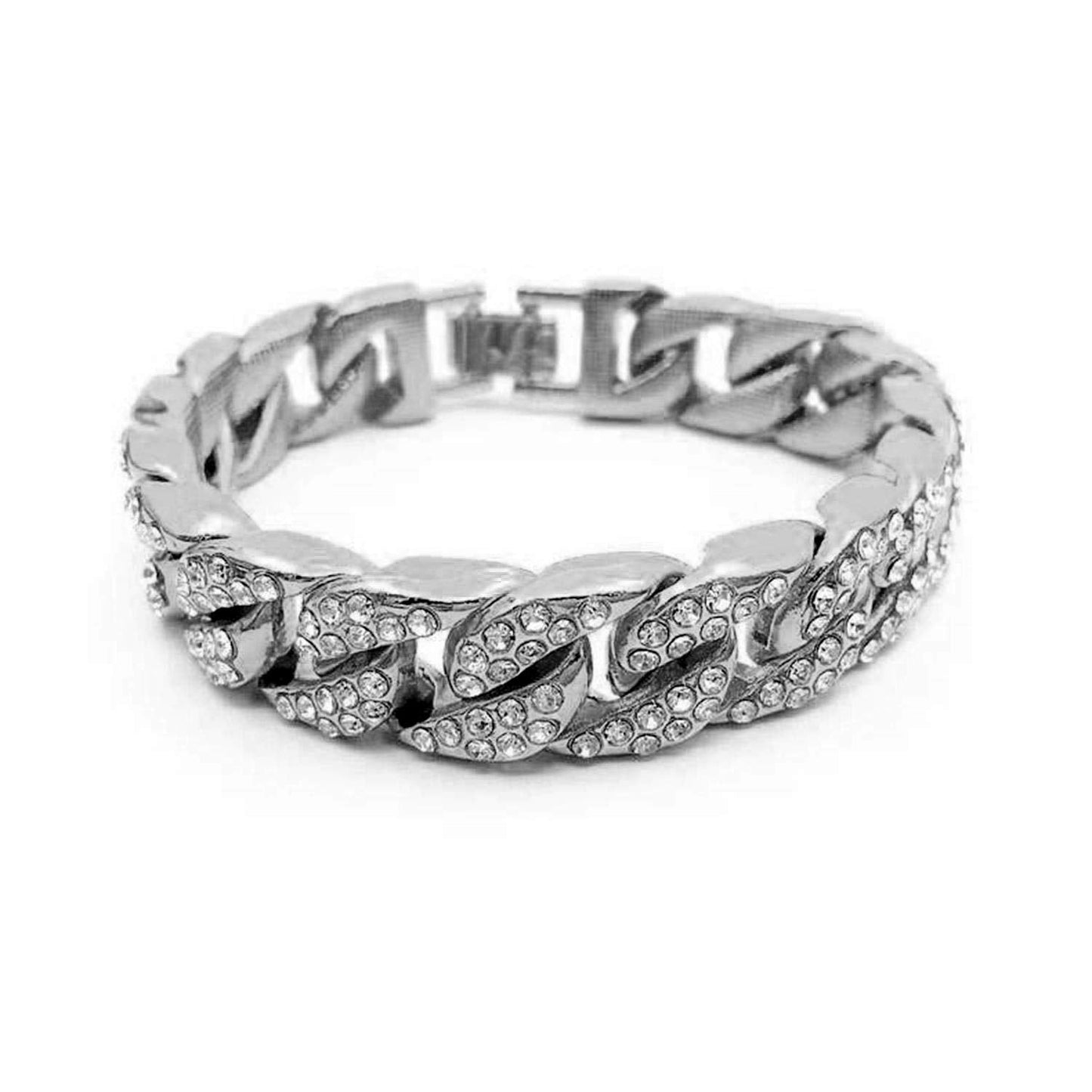 Aiyo Nice Mens Womens Cuban Link Bracelet Hip Hop Bracelet Stainless Steel Chain Bracelet Iced Out Curb Cuban 18k Gold Plated Bracelet With Clear Rhinestones (A-Silver)