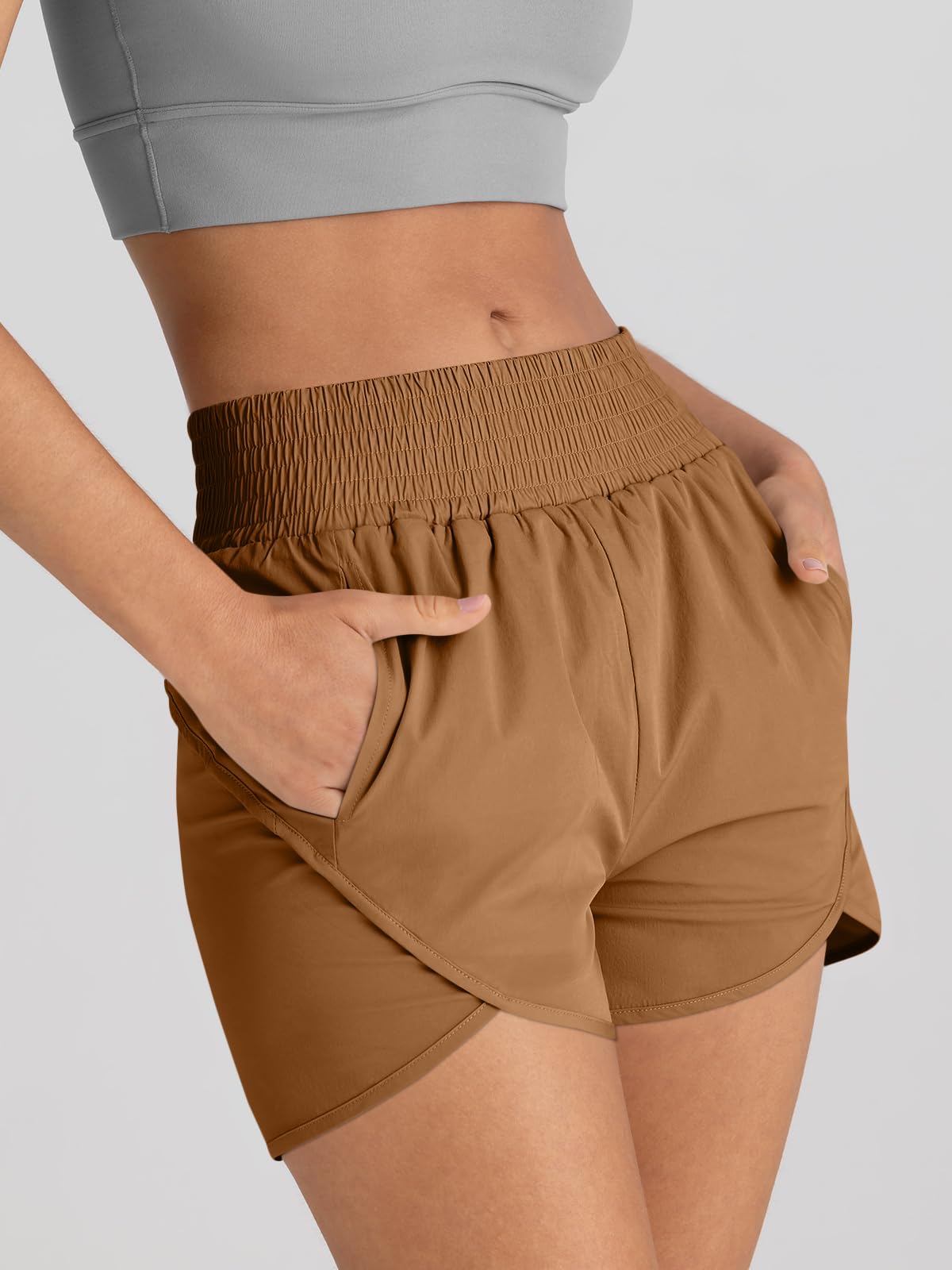 AUTOMET Womens Athletic Shorts High Waisted Running Pants Gym Workout Casual Sport Clothes with Pockets 2025 Brown