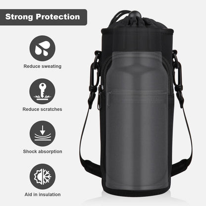 Bstge Water Bottle Holder with Strap, Water Bottle Carrier Bag with Phone Pocket, Shoulder Hand Strap Insulated Neoprene 32 oz Water Bottle Sleeve for Walking Hiking Camping Gym(black)