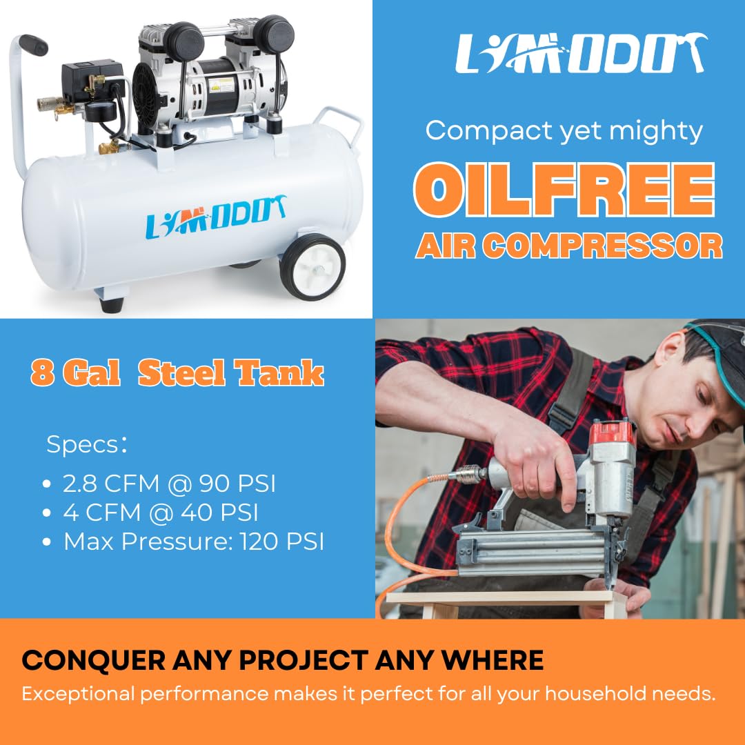 Air Compressor, Quiet Air Compressor, Only 68dB, 8 Gallon Durable Steel Air Tank, 2.8CFM @ 90PSI, Oil-Free, Ideal For Woodwork Nailing, Garage, Cars, Pneumatic Tools, 1.2 HP
