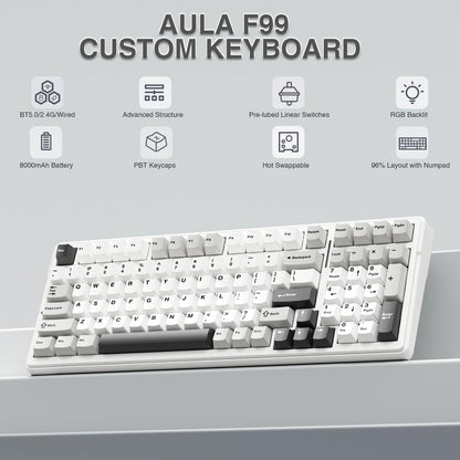 AULA F99 Wireless Mechanical Keyboard,Tri-Mode BT5.0/2.4GHz/USB-C Hot Swappable Custom Keyboard,Pre-lubed Linear Switches,RGB Backlit Computer Gaming Keyboards for PC/Tablet/PS/Xbox