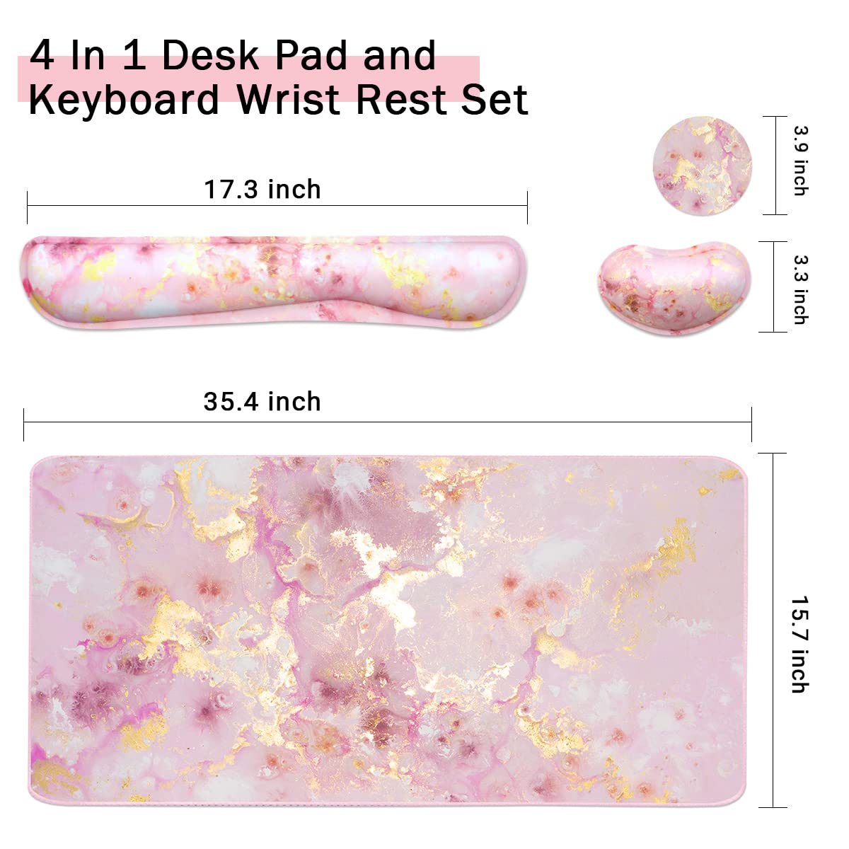 4-in-1 Large Gaming Mouse Pad, Keyboard Wrist Rest Pad & Wrist Support Mousepad Set, Extended Desk Pad Waterproof Desk Mat for Home Office Study Game-Pink Gold Marble