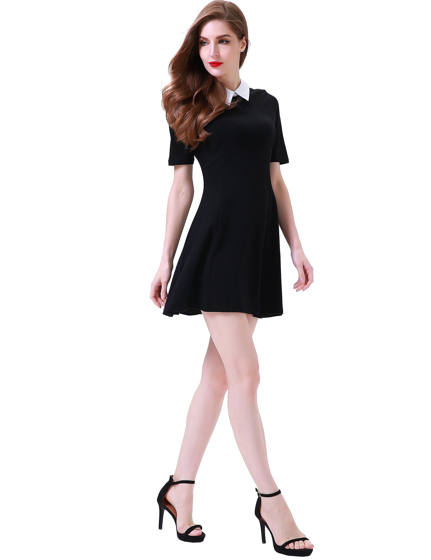 Aphratti Women's Short Sleeve Peter Pan Collar Cute Skater Dress Fit and Flare A-Line Casual Dresses Black Large