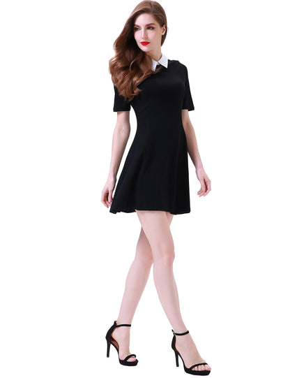 Aphratti Women's Short Sleeve Peter Pan Collar Cute Skater Dress Fit and Flare A-Line Casual Dresses Black Large