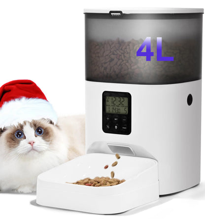 Automatic Cat Feeder, 4L Cat Food Dispenser with 10s Voice Recorder, Pet Feeder up to 8 Meals per Day, Timed Dog Feeder with Dry Food Sealed Ring (White, 4L-Basic)