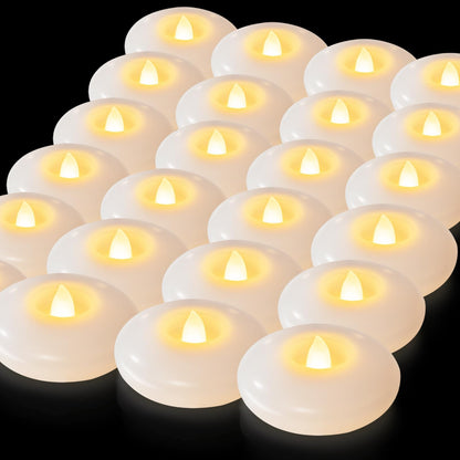 5plots Flameless Floating Candles 3 Inches White Waterproof Led Tealights for Wedding Vases Centerpieces Party Proposal Pool Decor Decoration 200 Hour (24 Pack)