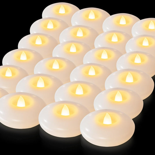 5plots Flameless Floating Candles 3 Inches White Waterproof Led Tealights for Wedding Vases Centerpieces Party Proposal Pool Decor Decoration 200 Hour (24 Pack)