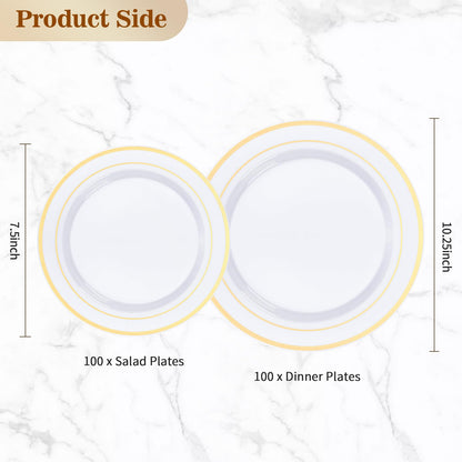 BESTVIP 200PCS Gold Plastic Plate, Disposable Party Plates with 100 Dinner Plates and 100 Dessert Plates, Plastic Plates for Party, Wedding and Birthday