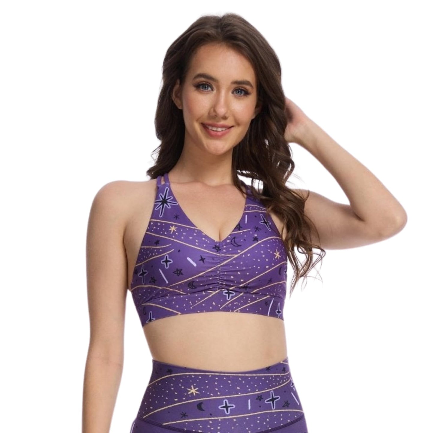 Women's Serpent Cosmos V Shape Strappy Sports Bra- Padded Medium Support Yoga Bra for Workout Fitness Pilates-Playful Halloween Pumpkins Design