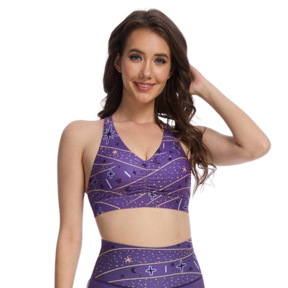 Women's Serpent Cosmos V Shape Strappy Sports Bra- Padded Medium Support Yoga Bra for Workout Fitness Pilates-Playful Halloween Pumpkins Design