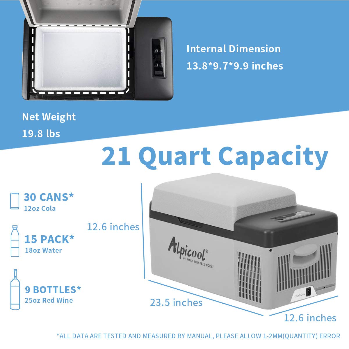Alpicool C20 portable compressor fridge freezer 21Quart(20Liter) for car and home - 12V/24V DC and 110V AC