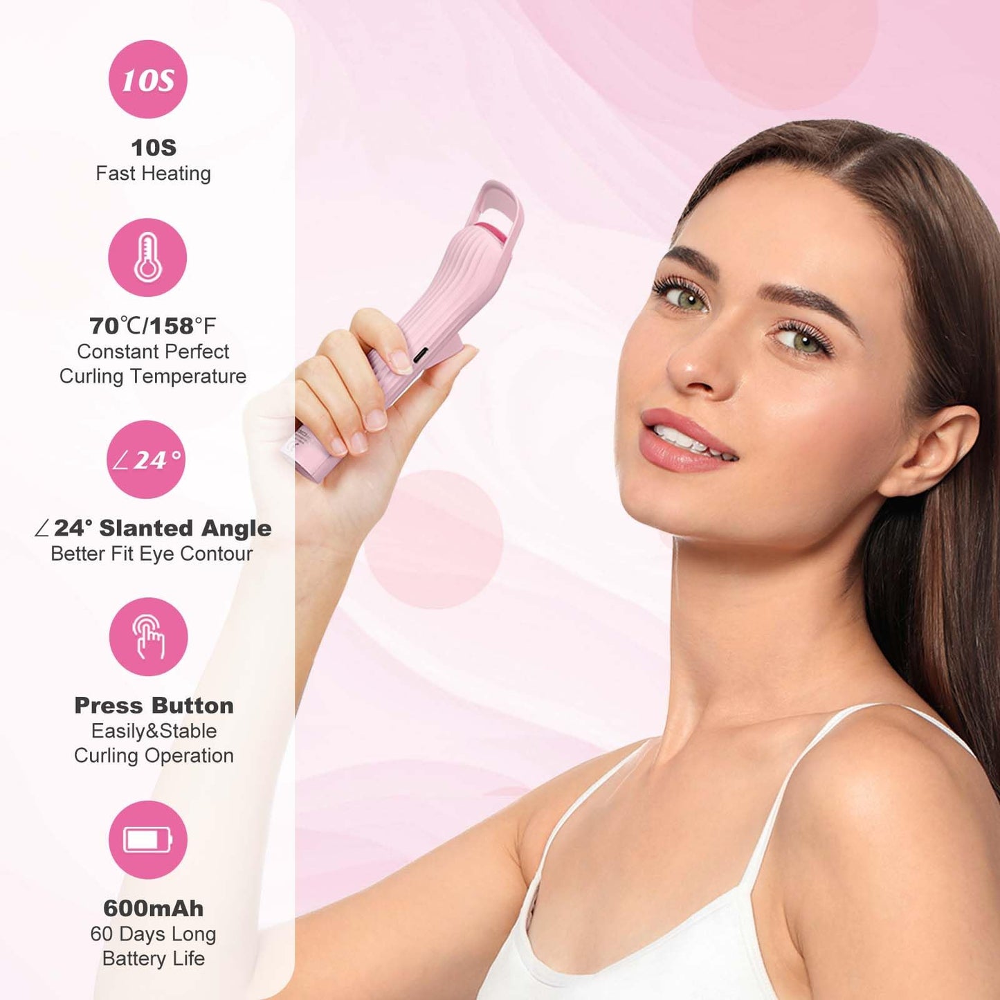 HEBECA Heated Eyelash Curlers, Electric Lash Curler with Innovative Heating Silicone Pad for Lifted Lashes 24 Hours,Quick Rechargeable 600mAh Battery EC2001 (Pink)