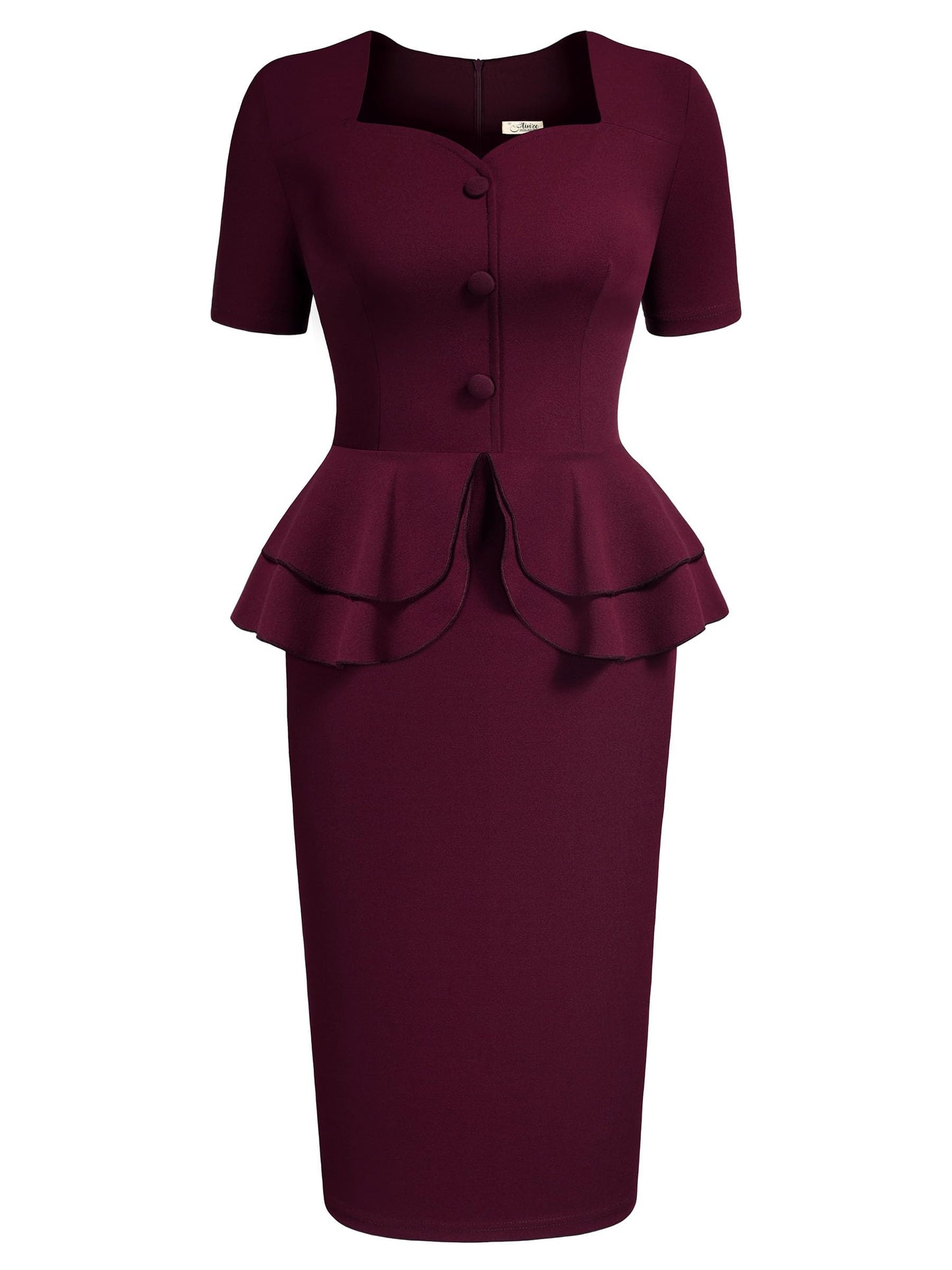 AISIZE Women's 1940s Vintage Square Peplum Bodycon Cocktail Dress XX-Large Burgundy
