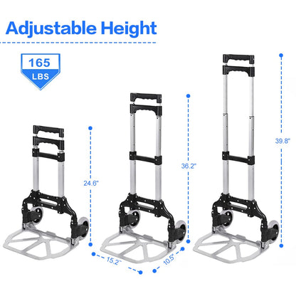 HBFBDRCT Folding Hand Truck, 165lbs Capacity Lightweight Portable Dolly with 2 TPR Silent Wheels for Home, Office, and Travel Use - Heavy Duty Utility Cart for Shopping