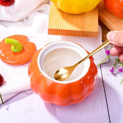 Whitenesser Porcelain Sugar Bowls with Lid and Spoons, Pumpkin Shape Ceramic Salt Bowl for Home and Kitchen Elegant Design Orange 10.5 OZ (300 ML)