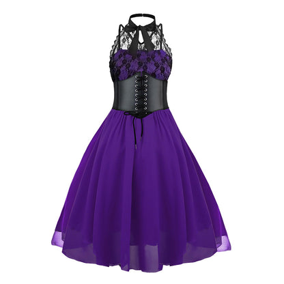 Women's Sleeveless Gothic Lace Dress with Corset Halter Lace Swing Cocktail Dress Purple Small