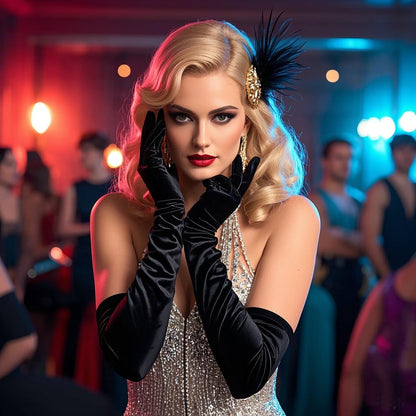 Wobe Long Satin Gloves - Stretchy Adult Size Elbow Length Opera Gloves for Women Girls - Black