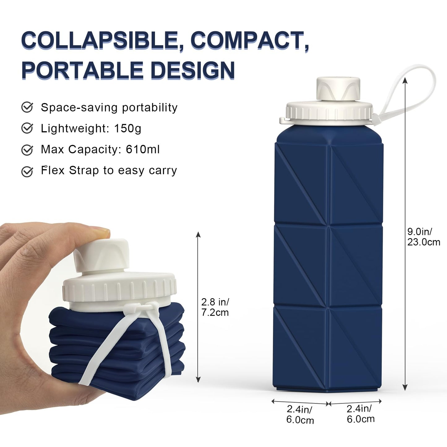 BEAUTAIL Collapsible Water Bottles 20.6oz, Silicone Foldable Portable Travel Water Bottle, Lightweight Reusable Leakproof for Traveling Camping Hiking Cycling Yoga Sports Outdoor, 1 Pack (Dark Blue)