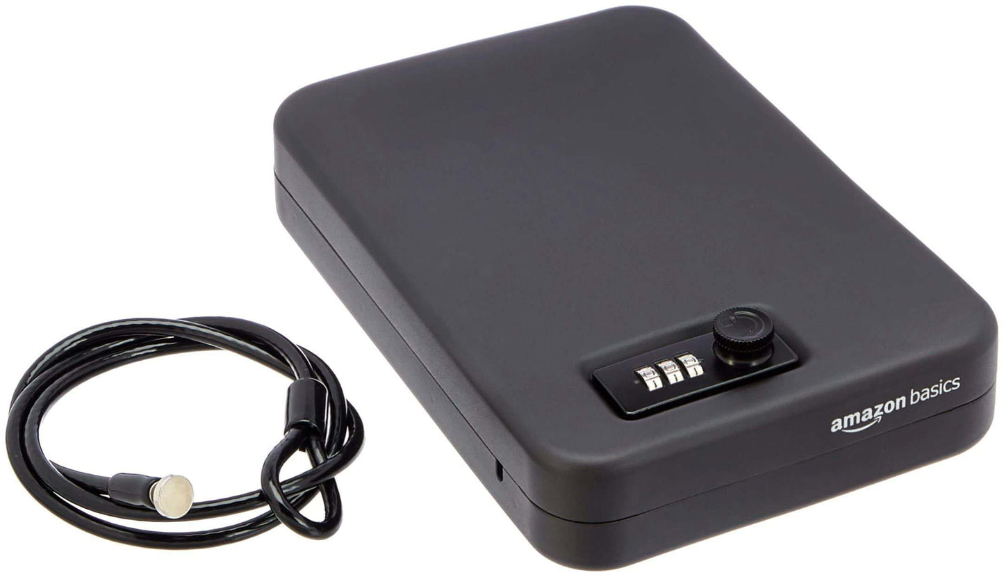 Amazon Basics Portable Security Case Lock Box Safe, Small Lock Box with Code, for College Dorm Room, Home, Combination Lock, XL, Black