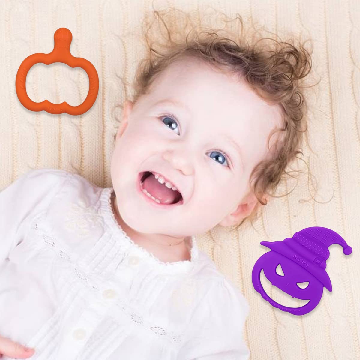 Anditoy 4 Pack Halloween Teething Toys Halloween Teether for 3-12 Months Baby Toddlers Halloween Treat Bags Gifts