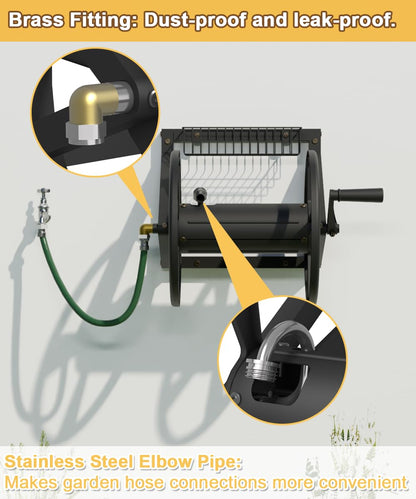 Artigarden Triangle Wall Mounted Garden Hose Reel, Outdoor Heavy-Duty Water Hoses Holder Winder, Holds 125 Ft of 5/8-Inch Hose, with 3.9 ft Leader Hose, Brass Fitting, Storage Basket for Yard, Black