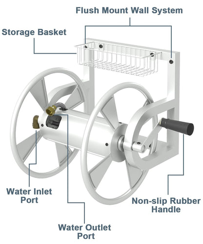 Artigarden Outdoor Garden Hose Reel Wall Mount, Heavy-Duty Water Hose Holder Winder with 3.9 ft Leader Hose, Brass Fitting and Storage Basket for Yard, Holds 125 Feet of 5/8-Inch Hose, White
