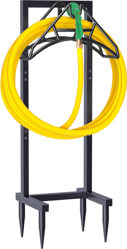 Artigarden Outdoor Garden Hose Holder Freestanding with 4 Spikes, Heavy Duty Metal Water Hose Reel Stand Hanger Rack Organizer Holds Storage 150ft Hose for Outside Yard Lawn, Black