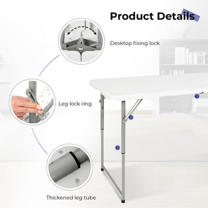 Byliable Folding Table 4 Foot Portable Heavy Duty Plastic Fold-in-Half Utility Table Small Indoor Outdoor Adjustable Height Folding with Carrying Handle, Camping and Party,White