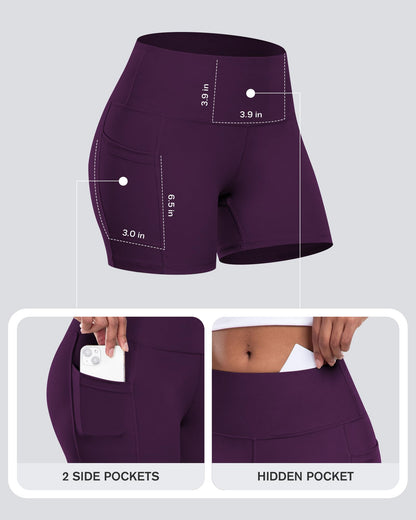 Womens Biker Yoga Shorts with Pocket, High Waisted Tummy Control 5 Inch Workout Spandex Athletic Gym Shorts(Purple,M)