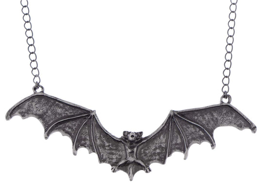 Alilang Frightening Halloween Enamel Paint Flying Bat Metal Chain Pendant Necklace, Antique Silver