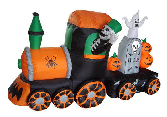 BZB Goods 7 Foot Long Halloween Inflatable Skeleton on Train LED Lights Outdoor Indoor Holiday Decorations, Blow up Lighted Yard Decor, Giant Lawn Inflatable Home Garden Party Favor Decoration