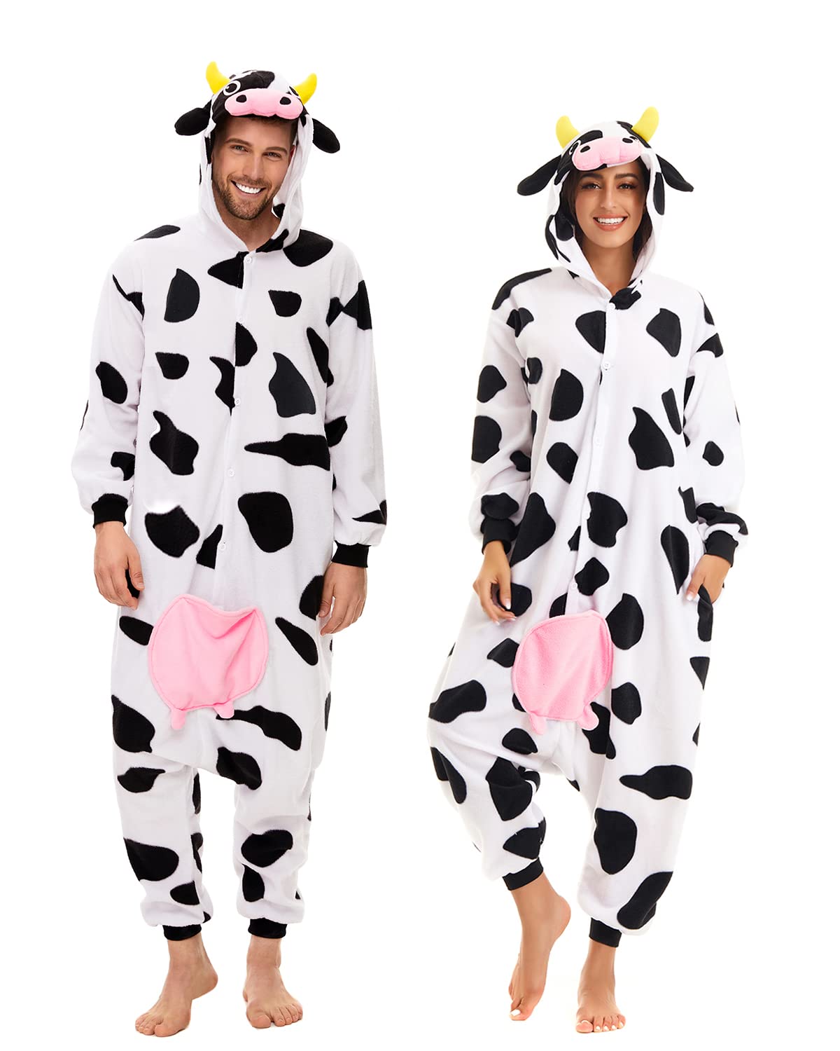 CANASOUR Christmas Cow Onesie Halloween Pajamas For Women Couples Adult Animal Custom With Udders Unisex Anime Cosplay Costumes (Cow,Large)